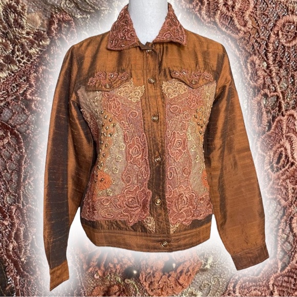 Coldwater Creek Jackets & Blazers - 56% Silk Lace Beaded Jacket S Coldwater Creek Bronze Floral Metallic Button-up